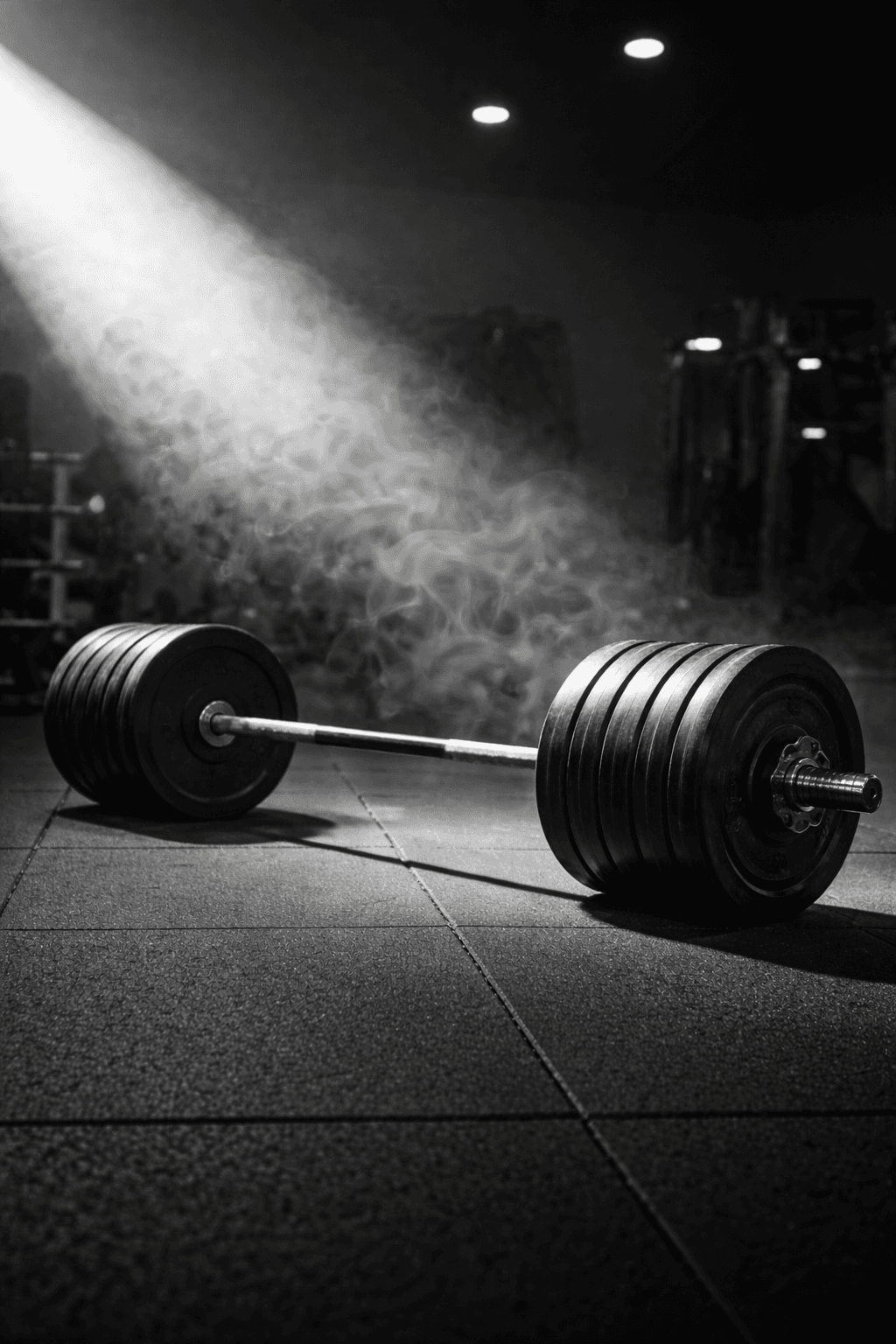Barbell in a dark gym with light coming in off a window