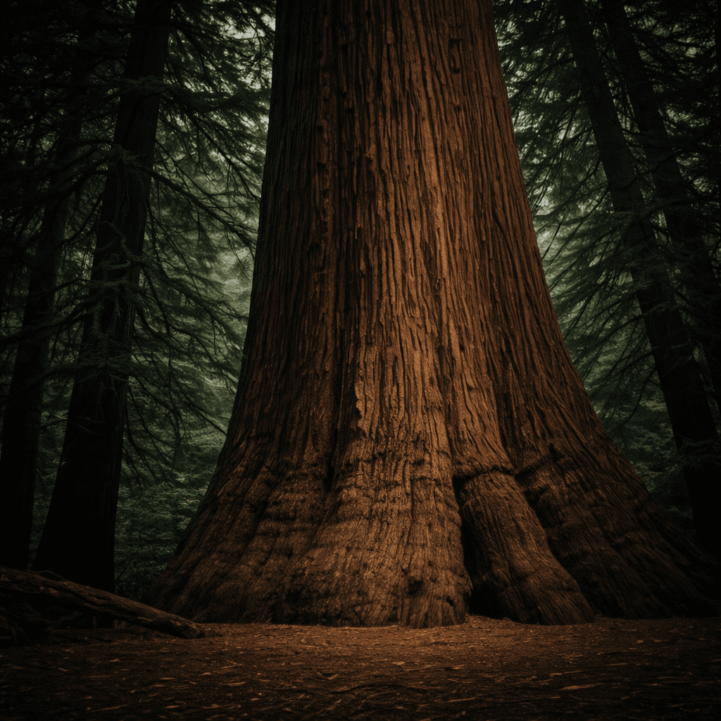 Massive ancient cedar tree dominating a dark forest, shot from ground level with deep cinematic lighting, emphasizing scale, strength, and rugged textured bark