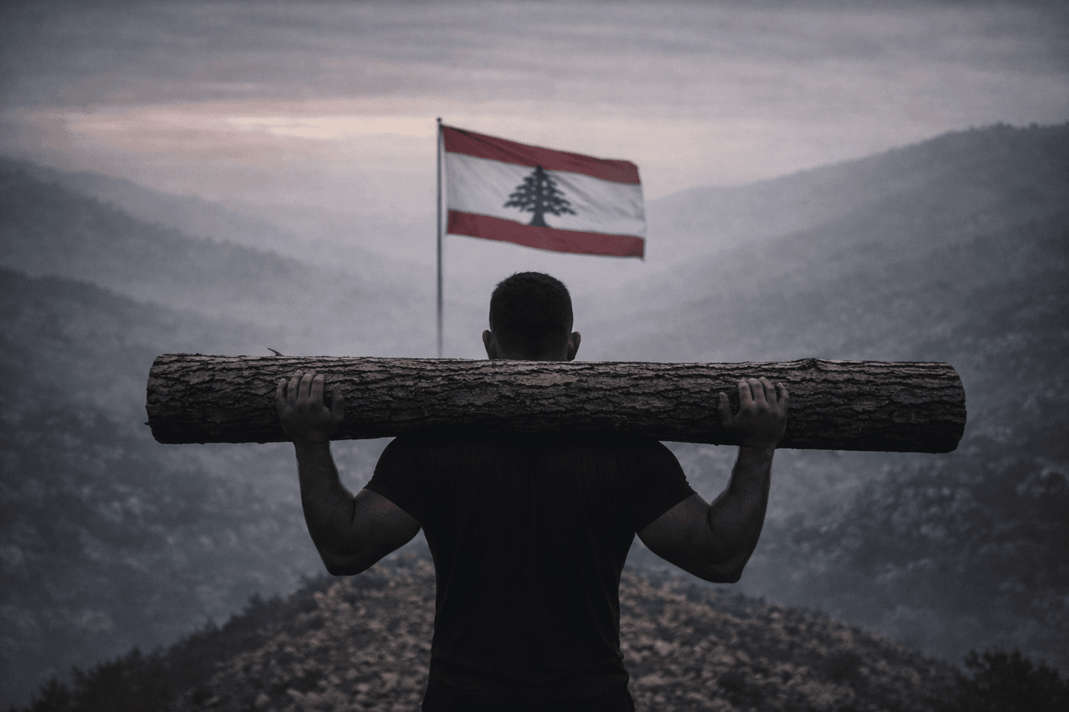 Athlete carrying a large cedar tree trunk on his shoulders, standing on a mountain ridge and facing a distant Lebanese flag in a foggy landscape, symbolizing resilience and endurance