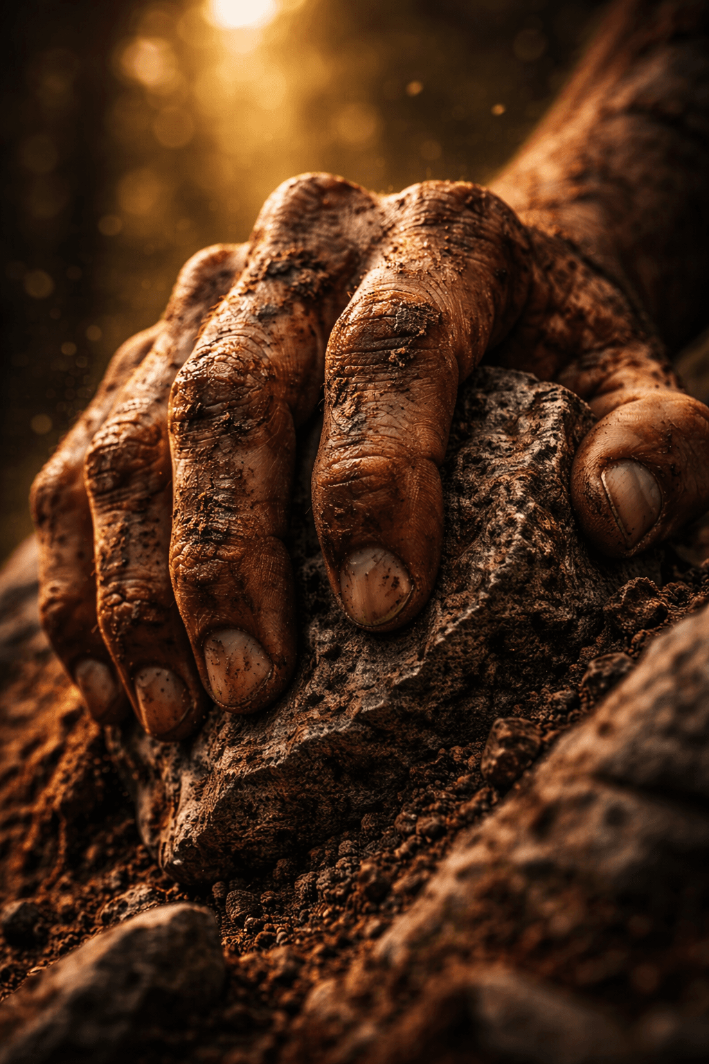 Close-up of a dirt-covered hand gripping a rough rock, veins tense and skin worn, capturing raw strength and resilience under harsh light